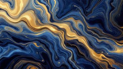 The primary subject of the image is a blue and gold swirling pattern, which appears to be a painting or a digital artwork. The setting is a dark blue background, which contrasts with the vibrant colors of the swirling pattern. The visual style suggests that the image is a digital artwork or a painting, rather than a photo. The dominant colors are blue and gold, creating a sense of depth and richness in the artwork.