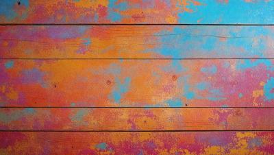 The primary subject of the image is a wooden surface with a colorful, painted design. The setting is a room with a wooden floor, and the visual style appears to be a combination of a photo and digital art. The colors and mood of the image are vibrant and lively, with a mix of orange, blue, and pink hues.