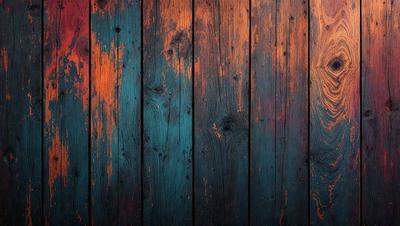 The primary subject of the image is a wooden wall with a blue and orange color scheme. The setting is a room with a wooden floor, and the visual style is a close-up of the wooden wall. The dominant colors are blue and orange, creating a warm and inviting atmosphere.