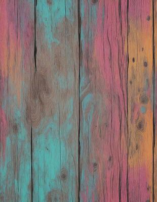 The primary subject of the image is a wooden plank with a blue and pink color scheme. The setting is a wooden floor, and the visual style appears to be a photo. The dominant colors are blue and pink, creating a vibrant and lively atmosphere.