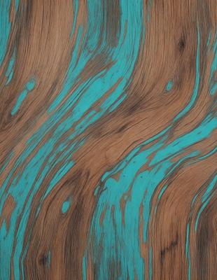 The primary subject of the image is a wooden surface with a blue and green swirling pattern. The setting is a close-up of the wooden surface, showcasing the intricate design. The visual style is a combination of a photo and a digital art, as the wooden surface appears to be a photograph with a digital artistic touch. The colors and mood of the image are vibrant and lively, with the blue and green swirls creating a sense of movement and energy.