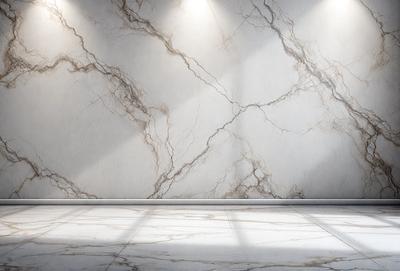 The primary subject of the image is a marble wall with a pattern of cracks and crevices. The setting is a room with a white floor, and the visual style is a photo. The dominant colors are white and grey, creating a clean and minimalist atmosphere.