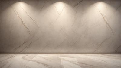 The primary subject of the image is a marble wall with a patterned texture. The setting is a room with a white marble floor. The visual style is a photo, and the colors and mood are predominantly white, giving the room a clean and elegant appearance.