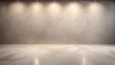 The primary subject of the image is a large, white marble wall. The setting is a room with a white floor, and the visual style is a photo. The colors and mood of the image are predominantly white, giving it a clean and minimalist appearance.
