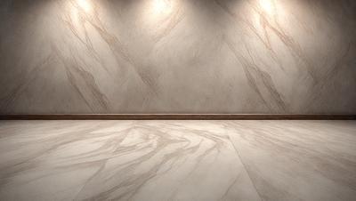 The primary subject of the image is a marble wall with a patterned design. The setting is a room with a large, empty space. The visual style is a close-up of the marble wall, showcasing its intricate pattern. The colors and mood of the image are predominantly neutral, with the marble wall being the main focus.