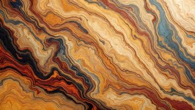 The primary subject of the image is a close-up of a wooden surface, possibly a piece of wood or a wooden table. The setting is indoors, with the wooden surface being the main focus of the image. The visual style appears to be a combination of a photo and a digital art, illustration, or drawing. The colors and mood of the image are predominantly warm and earthy, with the wooden surface being the main source of color and texture.