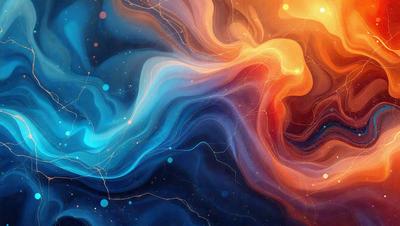 The primary subject of the image is a vibrant, colorful, and abstract artwork featuring a blue and orange background. The visual style of the artwork is digital, with a mix of bright colors and swirling patterns. The setting or background of the image is a starry night, adding a sense of depth and dimension to the artwork. The overall atmosphere of the image is lively and energetic, with the colors and patterns creating a sense of movement and dynamism.