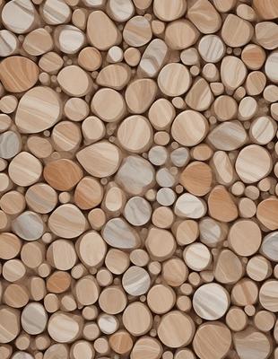 The primary subject of the image is a wooden wall with a pattern of wooden circles. The setting is a room with a wooden floor, and the visual style is a close-up of the wooden wall. The dominant colors are brown and beige, creating a warm and natural atmosphere.