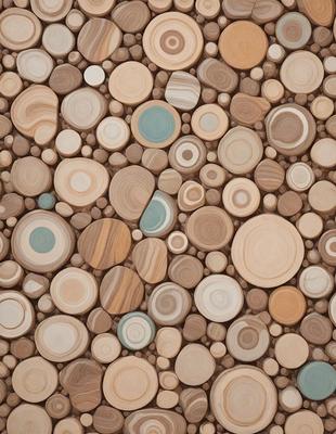 The primary subject of the image is a wooden wall with a pattern of circles. The setting is a room with a wooden floor, and the visual style is a combination of a photo and a digital art. The dominant colors are brown and blue, creating a warm and calming atmosphere.