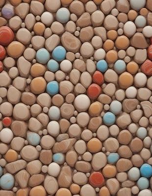 The primary subject of the image is a patterned wall made of various colored marbles. The setting is a room with a brown and tan color scheme. The visual style is a combination of a photo and digital art, creating a unique and intricate design. The dominant colors are brown, tan, and various shades of blue, which contribute to a warm and inviting atmosphere.
