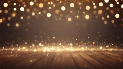 The primary subject of the image is a brightly lit room with a wooden floor. The setting is a dark room, and the visual style is a digital art or illustration. The room is filled with a multitude of sparkling lights, creating a warm and inviting atmosphere. The colors and mood of the image are predominantly warm and vibrant, with the lights providing a sense of energy and excitement.