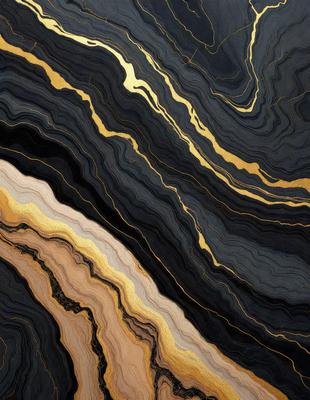 The primary subject of the image is a close-up of a marble-like surface with a gold and black color scheme. The setting is a black and gold marble-like surface, which serves as the background. The visual style is a combination of a photo and digital art, creating a unique and intricate pattern. The colors and mood of the image are rich and luxurious, with the gold and black tones evoking a sense of sophistication and elegance.