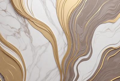 The primary subject of the image is a marble wall with a gold accent. The setting is a room with a white background. The visual style is a combination of photo and digital art, creating a unique and artistic representation of the marble wall. The dominant colors are white and gold, giving the image a luxurious and elegant atmosphere.