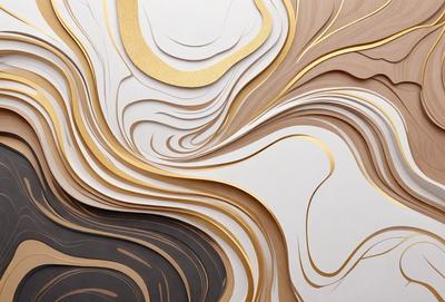 The primary subject of the image is a large, intricate, and colorful artwork made of paper. The artwork features a combination of black, brown, and gold colors, creating a visually striking and unique piece. The setting is a white wall, which serves as a clean and unobstructed background for the artwork. The visual style of the image is a blend of digital art and traditional paper crafting, resulting in a captivating and creative piece of art.
