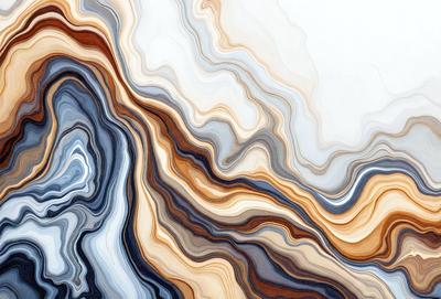 The primary subject of the image is a large, intricate, and colorful marble tile. The tile features a mix of blue, white, and brown colors, creating a visually striking pattern. The setting is a white wall, which serves as a clean and neutral backdrop for the marble tile. The visual style of the image is a close-up of the marble tile, showcasing its unique texture and design. The colors and mood of the image are vibrant and lively, with the blue, white