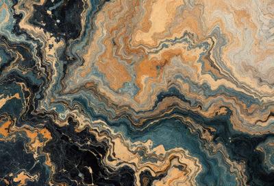 The primary subject of the image is a close-up of a marbled stone, showcasing its intricate and colorful patterns. The setting is a natural environment, with the stone being the main focus of the scene. The visual style is a combination of a photo and digital art, as the image captures the beauty of the stone while also highlighting its unique texture and patterns. The colors and mood of the image are vibrant and lively, with the various shades of blue, green, and brown creating a vis