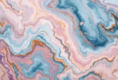 The primary subject of the image is a colorful, abstract painting featuring a mix of blue, pink, and yellow hues. The painting is displayed on a wall, creating a vibrant and lively atmosphere. The visual style of the painting suggests that it is a digital art or illustration, rather than a photo or traditional painting. The colors and mood of the painting evoke a sense of creativity and artistic expression.