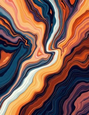 The primary subject of the image is a vibrant and colorful abstract art piece. The setting is a large canvas with a mix of blue, orange, and white colors. The visual style is a combination of digital art and illustration, creating a unique and eye-catching design. The dominant colors and overall atmosphere of the artwork are energetic and lively, making it an engaging and captivating piece of art.