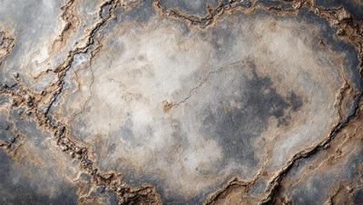 The primary subject of the image is a large, cracked stone surface. The setting is a rocky, textured environment, which adds to the overall atmosphere. The visual style is a close-up of the stone, showcasing its intricate details and textures. The colors in the image are predominantly earthy tones, such as brown and gray, which contribute to the natural and rugged appearance of the stone.