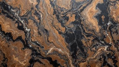 The primary subject of the image is a marble countertop with a unique and intricate pattern. The setting is a kitchen, and the visual style is a close-up of the marble countertop. The colors and mood of the image are predominantly dark, with the marble countertop being the main focus.