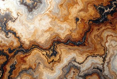 The primary subject of the image is a close-up of a marble-like stone with a unique and intricate pattern. The setting is a rocky surface, and the visual style appears to be a combination of a photo and digital art. The colors and mood of the image are predominantly earthy tones, giving it a natural and textured appearance.