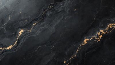 The primary subject of the image is a black marble countertop with a gold streak running through it. The setting is a kitchen, and the visual style is a close-up of the marble countertop. The dominant colors are black and gold, creating a luxurious and elegant atmosphere.