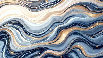 The primary subject of the image is a blue and gold swirling pattern, which appears to be a digital art or illustration. The setting is a blue and white background, and the visual style is a combination of digital art and illustration. The dominant colors are blue and gold, creating a vibrant and lively atmosphere.