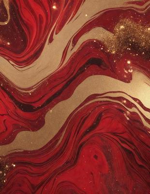 The primary subject of the image is a red marbled surface with gold accents. The setting is a red and gold patterned wallpaper, which creates a visually striking and luxurious atmosphere. The visual style is a combination of digital art and illustration, with the gold accents adding a touch of sophistication. The dominant colors are red and gold, creating a warm and inviting mood.