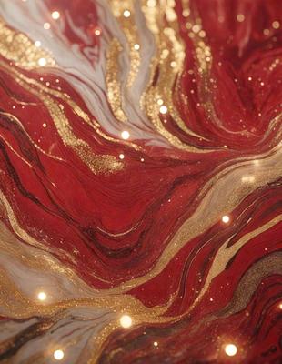 The primary subject of the image is a close-up of a red and gold marbled surface. The setting is a red and gold marbled wall, which serves as the background. The visual style is a combination of a photo and digital art, creating a unique and eye-catching pattern. The dominant colors are red and gold, giving the image a warm and luxurious atmosphere.