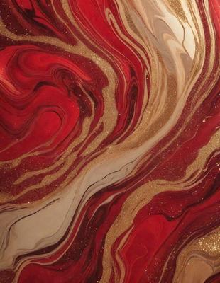 The primary subject of the image is a red and gold patterned wallpaper. The setting is a room with a red and gold wallpapered wall. The visual style is a close-up of the wallpaper, showcasing its intricate design. The dominant colors are red and gold, creating a warm and luxurious atmosphere.