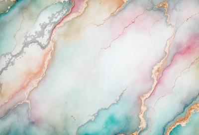 The primary subject of the image is a large, colorful painting featuring a white background with various colors and patterns. The setting is a wall, and the visual style appears to be a combination of digital art and illustration. The dominant colors in the painting are white, blue, and pink, creating a vibrant and lively atmosphere.