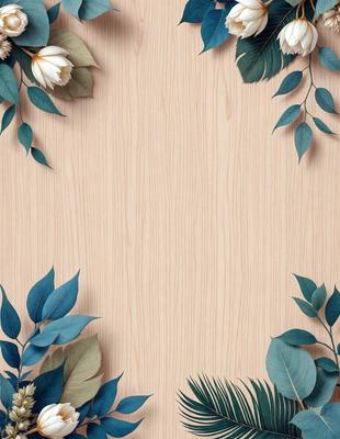 The primary subject of the image is a wooden surface with a pattern of leaves and flowers. The setting is a wooden wall, and the visual style is a combination of photo and digital art. The dominant colors are green, brown, and white, creating a natural and calming atmosphere.