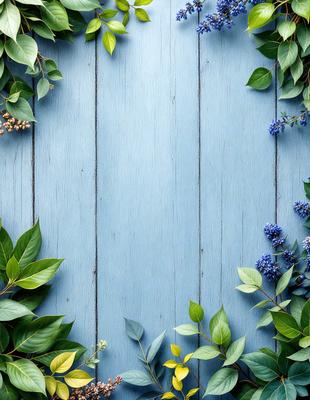 The primary subject of the image is a blue wooden wall with greenery and blue flowers. The setting is a garden, and the visual style is a photo. The dominant colors are blue and green, creating a calm and serene atmosphere.