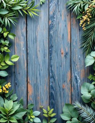 The primary subject of the image is a wooden door with a blue background. The door is adorned with a variety of green plants, creating a lush and vibrant atmosphere. The setting is outdoors, with the door being part of a wooden fence. The visual style is a combination of photo and digital art, giving the image a unique and artistic appearance. The dominant colors are blue, green, and yellow, creating a serene and inviting mood.