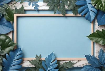 The primary subject of the image is a blue frame with a white background. The setting is a marble wall, and the visual style appears to be a combination of photo and digital art. The colors are predominantly blue and white, creating a calm and serene atmosphere.