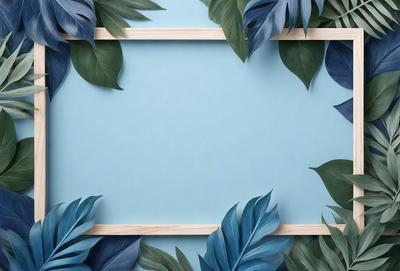 The primary subject of the image is a blue background with a wooden frame. The setting is a blue wall with green leaves as a backdrop. The visual style is a combination of a photo and digital art, creating a unique and artistic appearance. The colors and mood are predominantly blue and green, giving the image a calm and serene atmosphere.