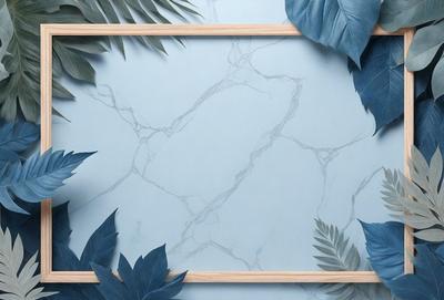 The primary subject of the image is a marble-textured wall with a blue background. The setting is a room with a wooden frame surrounding the wall. The visual style is a combination of a photo and digital art, creating a unique and artistic representation of the marble wall. The colors and mood of the image are predominantly blue, giving it a calm and serene atmosphere.