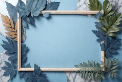 The primary subject of the image is a wooden frame with a blue background. The setting is a room with a marble table, and the visual style is a combination of a photo and digital art. The colors are predominantly blue and green, creating a calm and serene atmosphere.
