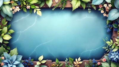 Primary subject: A blue screen with lightning bolts on it.
Setting/background: A wooden frame with green leaves and flowers.
Visual style: Digital art.
Colors and mood: The blue screen has lightning bolts on it, creating a dynamic and energetic atmosphere. The green leaves and flowers add a natural and vibrant touch to the scene.