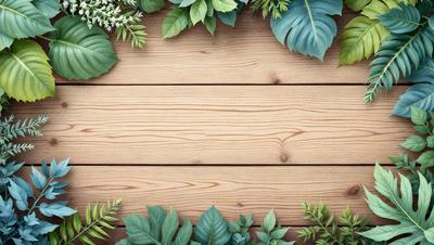 The primary subject of the image is a wooden wall with a variety of green plants and leaves surrounding it. The plants are arranged in a way that creates a natural and lush appearance. The setting is an outdoor environment, with the wooden wall serving as a backdrop. The visual style of the image is a combination of photo and digital art, creating a realistic yet artistic representation of the scene. The dominant colors in the image are green, which is prevalent in the plants, and brown, which is the color of the wooden
