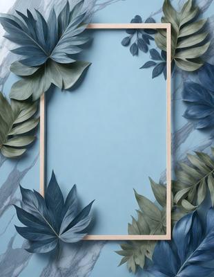 The primary subject of the image is a blue frame with a leaf pattern on it. The setting is a stone wall, and the visual style appears to be a combination of a photo and a digital artwork. The colors and mood of the image are predominantly blue, with a touch of green from the leaves.