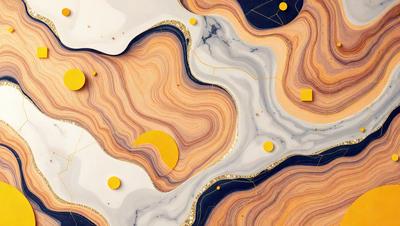 The primary subject of the image is a marble table with a gold and black pattern. The table is adorned with various objects, including a yellow circle, a gold circle, and a black circle. The setting is a room with a white background, and the visual style appears to be a combination of digital art and illustration. The colors and mood of the image are predominantly gold, black, and white, creating a sophisticated and elegant atmosphere.