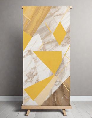 The primary subject of the image is a large, decorative marble wall. The setting is a room with a gray background. The visual style is a combination of digital art and illustration, creating a unique and eye-catching design. The dominant colors are yellow and gold, giving the wall a warm and luxurious appearance.