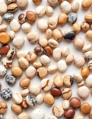 The primary subject of the image is a collection of beans, which are displayed in various colors and sizes. The beans are arranged on a white surface, creating a visually appealing and contrasting backdrop. The visual style of the image is a close-up of the beans, showcasing their unique features and textures. The colors and mood of the image are vibrant and lively, with the beans providing a sense of freshness and natural beauty.