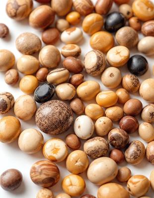 The primary subject of the image is a collection of various beans, which are displayed on a white surface. The beans come in different shapes, sizes, and colors, creating a visually appealing and diverse display. The setting is a white background, which allows the beans to stand out and be the main focus of the image. The visual style is a close-up of the beans, showcasing their unique characteristics. The colors and mood of the image are predominantly neutral, with the beans being the main