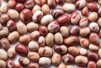 The primary subject of the image is a collection of beans, which are displayed in various colors and patterns. The beans are arranged on a white surface, creating a visually appealing display. The setting appears to be a table or countertop, where the beans are placed. The visual style of the image is a close-up of the beans, showcasing their unique colors and patterns. The colors and mood of the image are vibrant and lively, with the beans serving as the main focus of the
