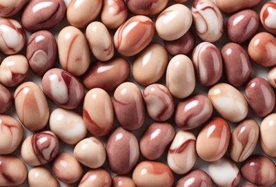 The primary subject of the image is a group of marbled beans, which are displayed in various shades of red, brown, and white. The beans are arranged in a visually appealing manner, creating a striking pattern. The setting is a white surface, which provides a clean and uncluttered backdrop for the beans. The visual style of the image is a close-up of the beans, showcasing their unique and intricate patterns. The colors and mood of the image are warm and inviting