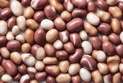 The primary subject of the image is a large pile of beans, which are displayed in various colors such as red, white, and brown. The beans are arranged in a pattern, creating an eye-catching and visually appealing display. The setting is a white surface, which provides a clean and uncluttered backdrop for the beans. The visual style of the image is a close-up of the beans, showcasing their vibrant colors and unique patterns. The overall atmosphere of the image is