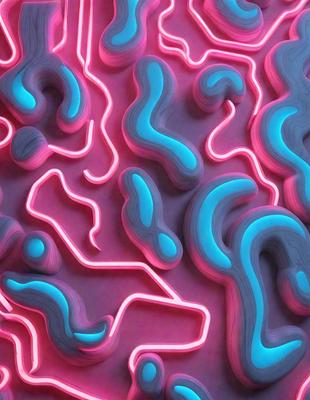 The primary subject of the image is a large, pink and blue neon sculpture. The sculpture is made of neon material and is displayed on a pink background. The visual style of the image is a combination of digital art and illustration, creating a unique and eye-catching design. The dominant colors in the image are pink and blue, giving the sculpture a vibrant and lively appearance.