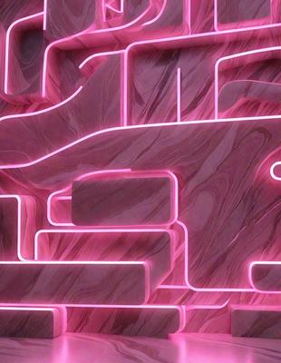 The primary subject of the image is a large, pink neon sculpture of a fish. The sculpture is displayed on a marble surface, which serves as the setting and background of the scene. The visual style of the image is a combination of digital art and illustration, creating a unique and eye-catching display. The dominant colors in the image are pink and white, giving the sculpture a vibrant and lively appearance.